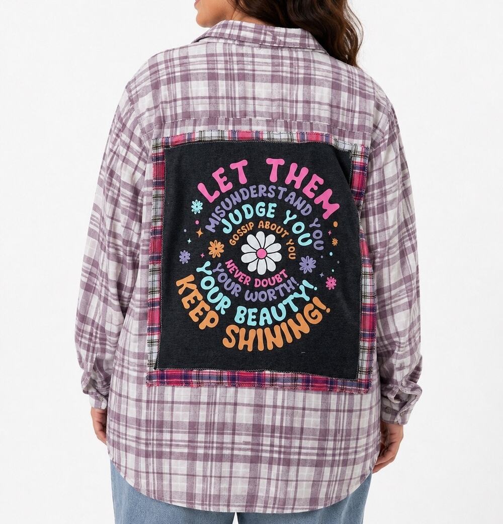 JACHS Girlfriend XXL Upcycled Plaid Shirt “Let Them” Boho Statement Top